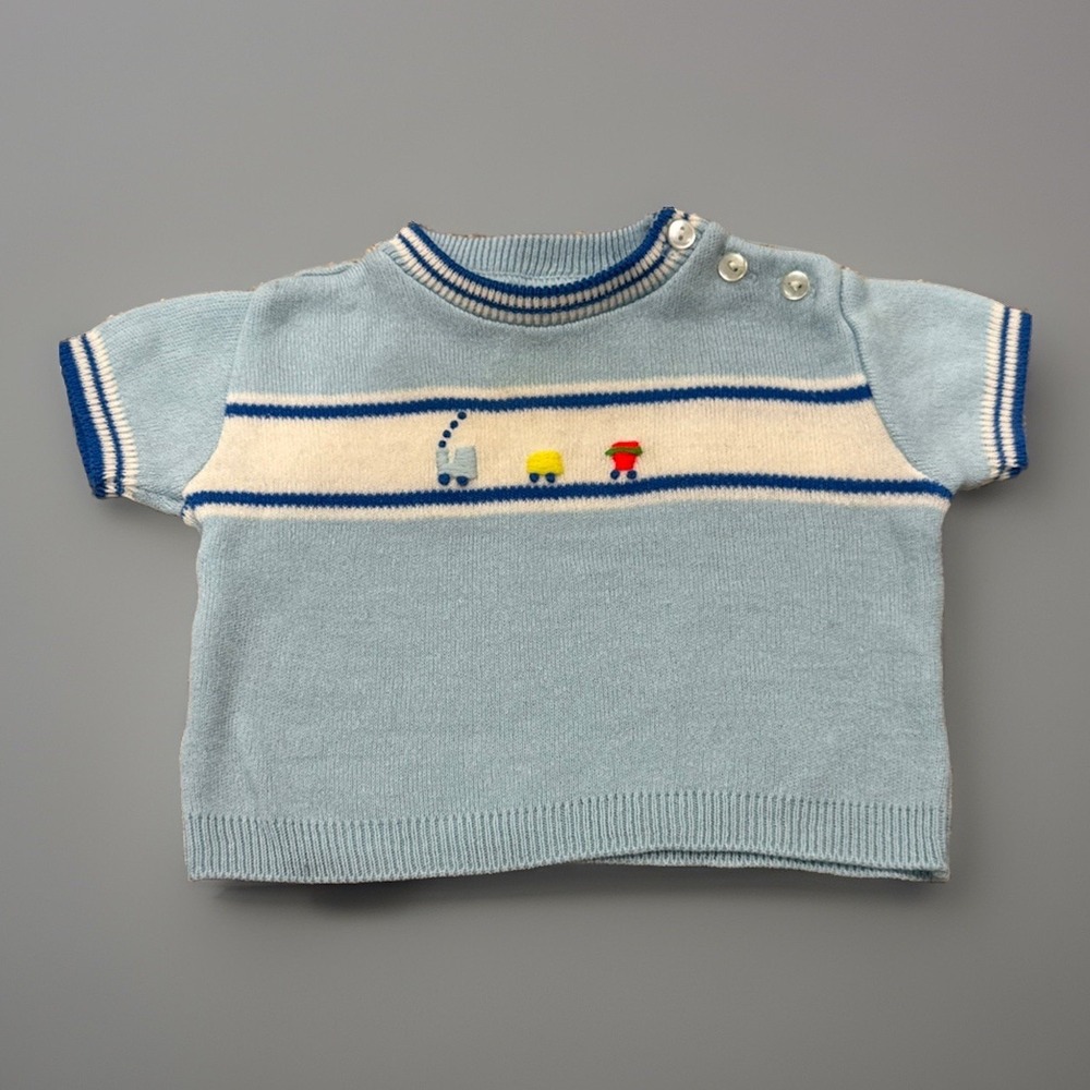 VTG Soft Spun Baby Boy Sweater 9 Mos Infant Blue Train Acrylic Japan